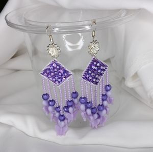 Purple beaded dangle fish hook earrings